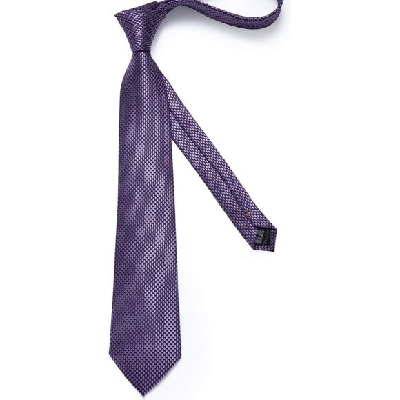 🆕Men Purple Plaid Silk Checkered Necktie Pocket Square Cufflinks Tie Clip Set - Picture 3 of 8